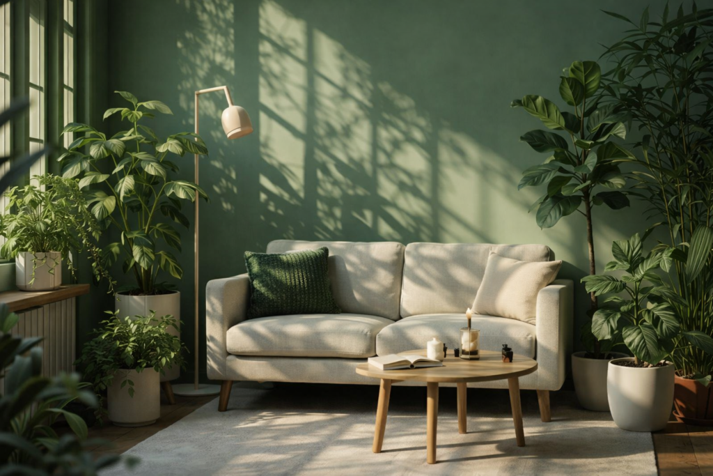 Sunlit green living room with beige sofa, wooden coffee table, floor lamp, and multiple indoor houseplants creating a cozy, modern home atmosphere.